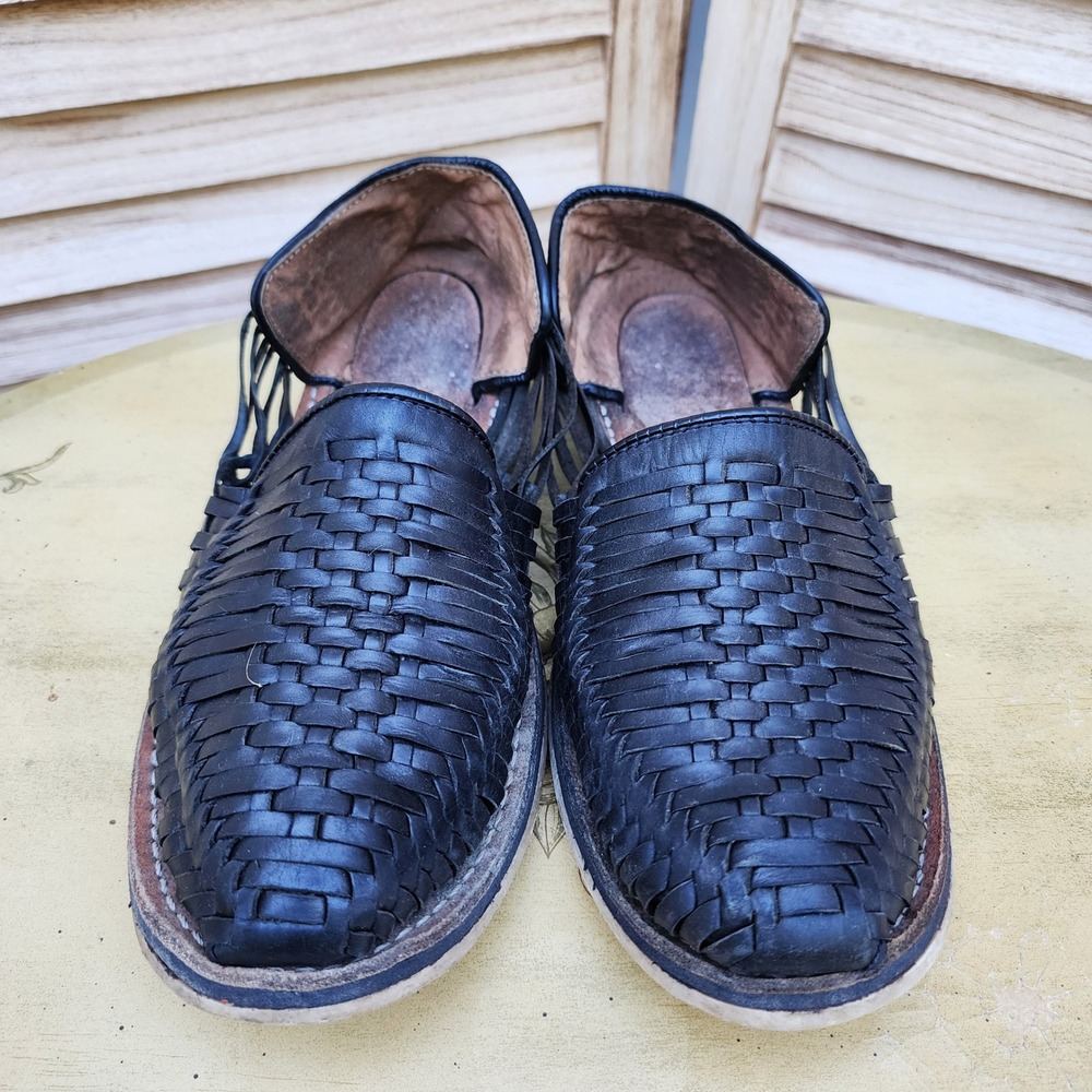 100% Leather Sz 9 Black Huarache Woven Flat Sandals Mexico Boho Resort Travel